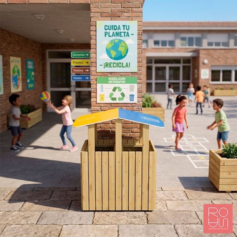 Paperera de reciclatge en Fusta Turín amb teulada| Reciclatge Exterior Sostenible